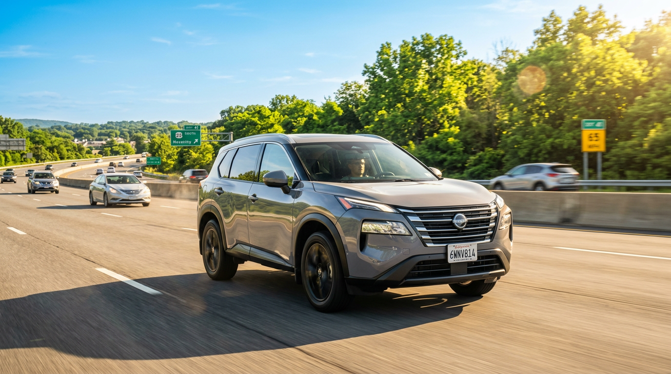A gray Nissan Rogue SUV driving on a sunny multi-lane highway.
