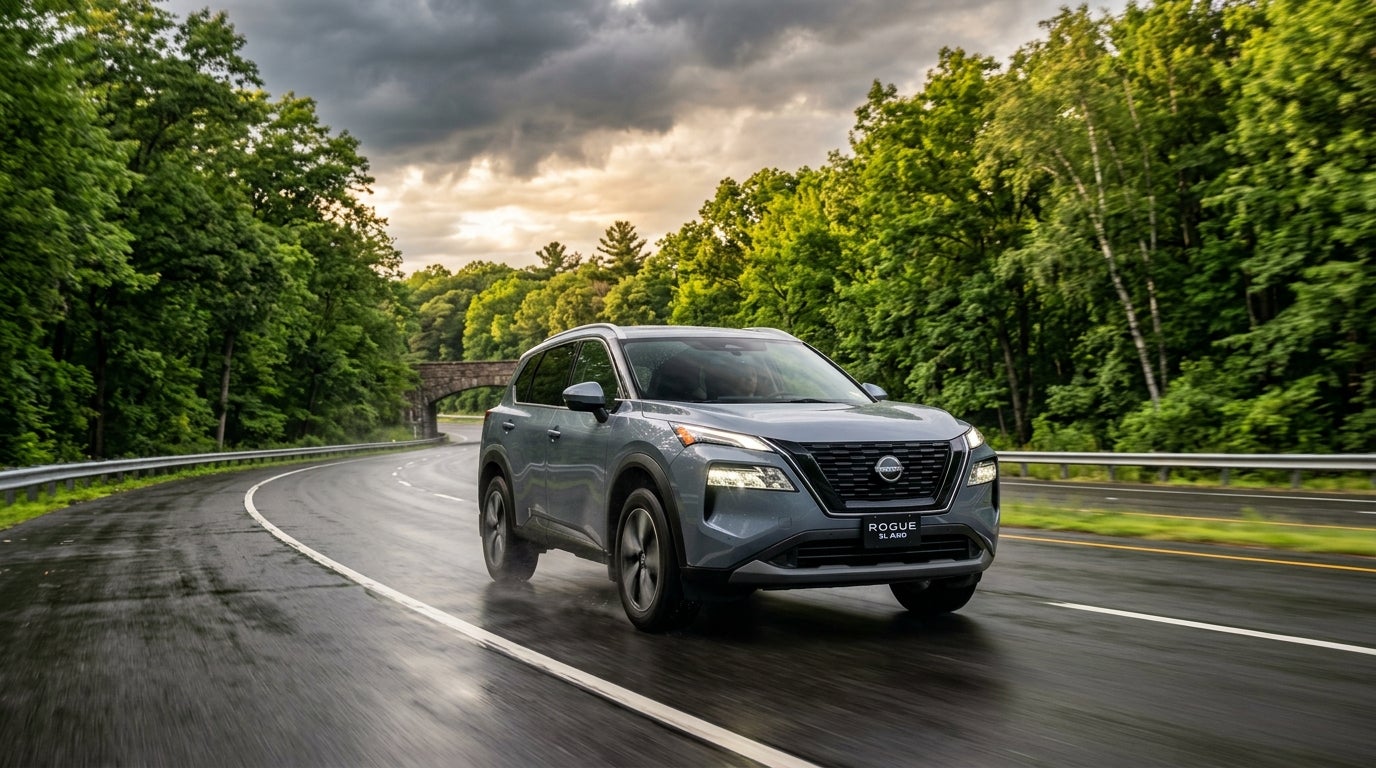 A grey Nissan Rogue SUV drives along a wet, curved highway bordered by dense green trees under a cloudy sky. (Representative image for illustration purposes only. Actual vehicle may vary based on trim and configuration.)