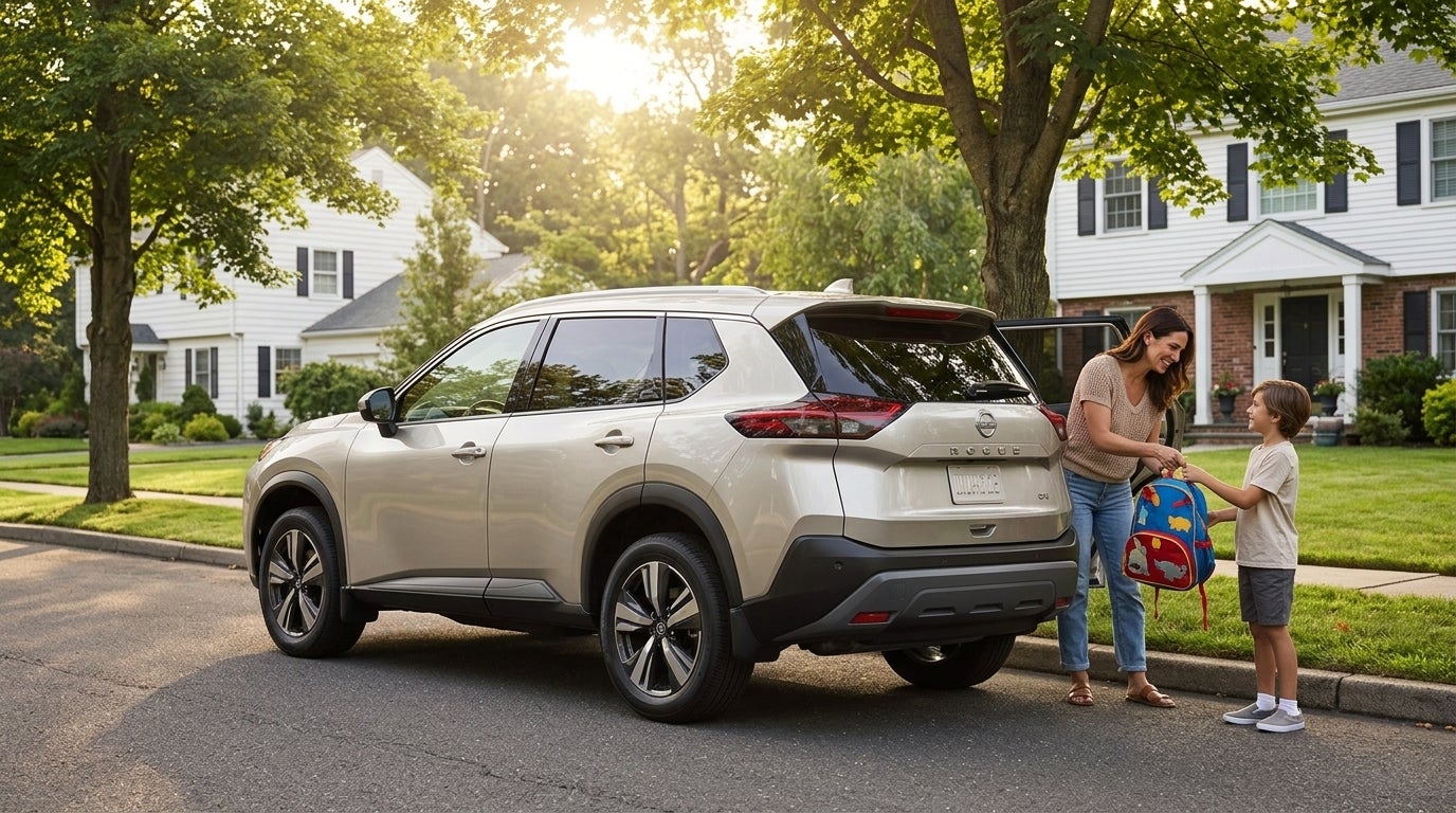 A mother hands a backpack to her young son beside a champagne-colored Nissan Rogue SUV on a suburban street. (Representative image for illustration purposes only. Actual vehicle may vary based on trim and configuration.)