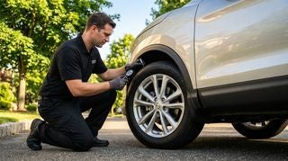 A technician in a black uniform kneels to check the tire tread depth of a silver SUV parked on a street. (Representative image for illustration purposes only. Actual vehicle may vary based on trim and configuration.)