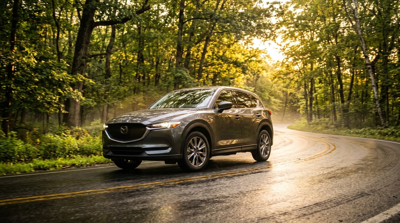 Gray Mazda SUV driving on a winding, wet asphalt road through a sun-drenched forest. (Representative image for illustration purposes only. Actual vehicle may vary based on trim and configuration.)