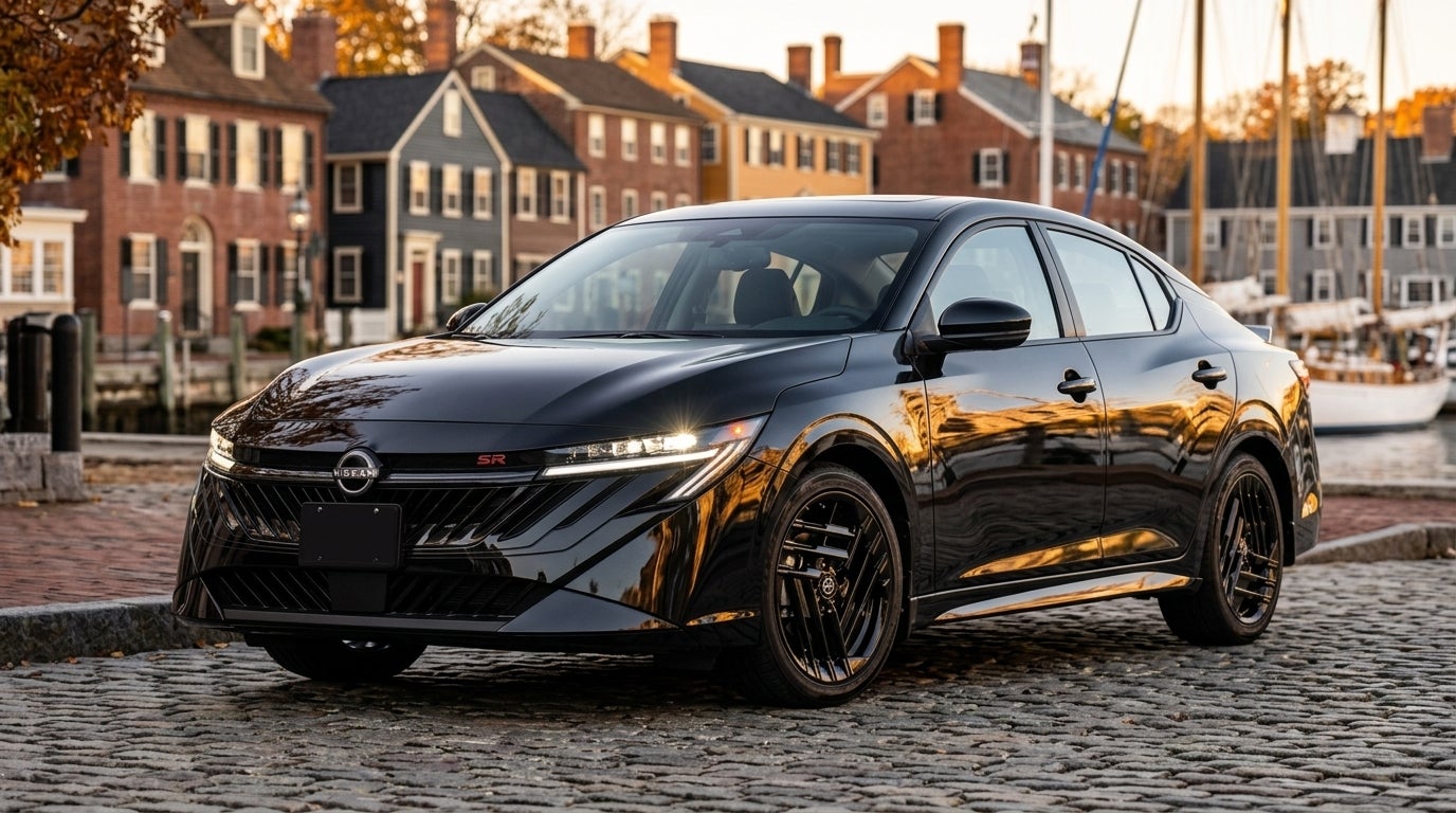 A sleek black Nissan Sentra SR sedan parked on a historic cobblestone street at sunset. (Representative image for illustration purposes only. Actual vehicle may vary based on trim and configuration.)