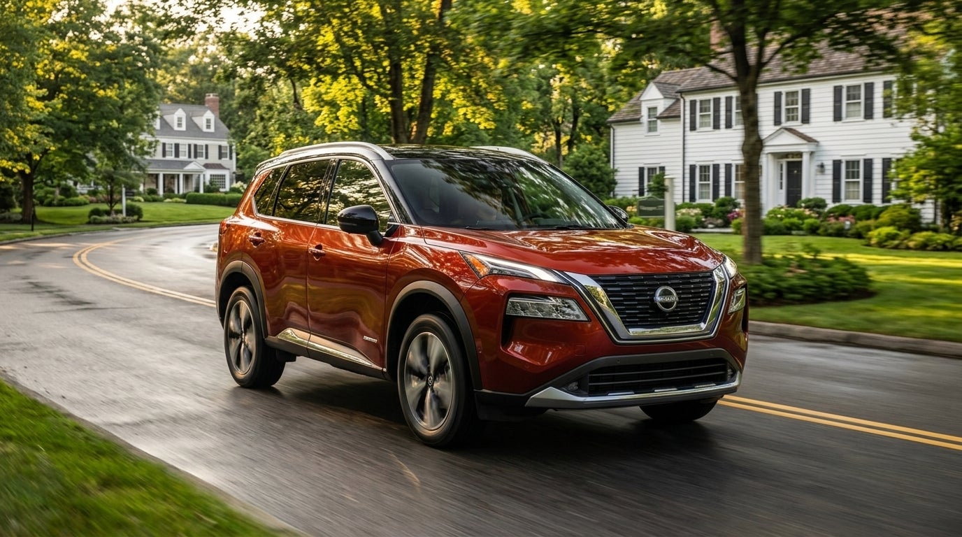 An orange-red Nissan SUV driving on a curved road through a suburban neighborhood with green lawns and white houses. (Representative image for illustration purposes only. Actual vehicle may vary based on trim and configuration.)