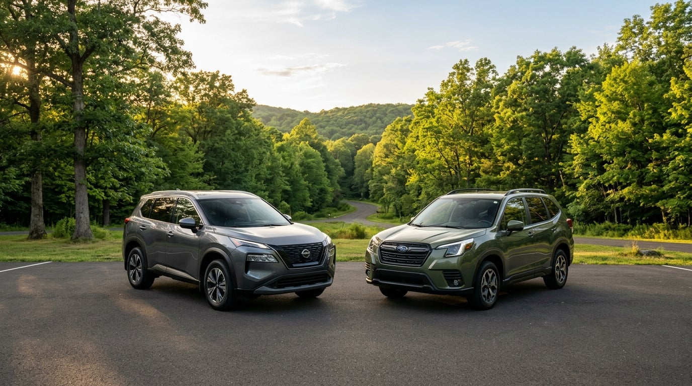 A grey Nissan Rogue and a green Subaru Forester parked side-by-side on an asphalt lot with a forest background. (Representative image for illustration purposes only. Actual vehicle may vary based on trim and configuration.)