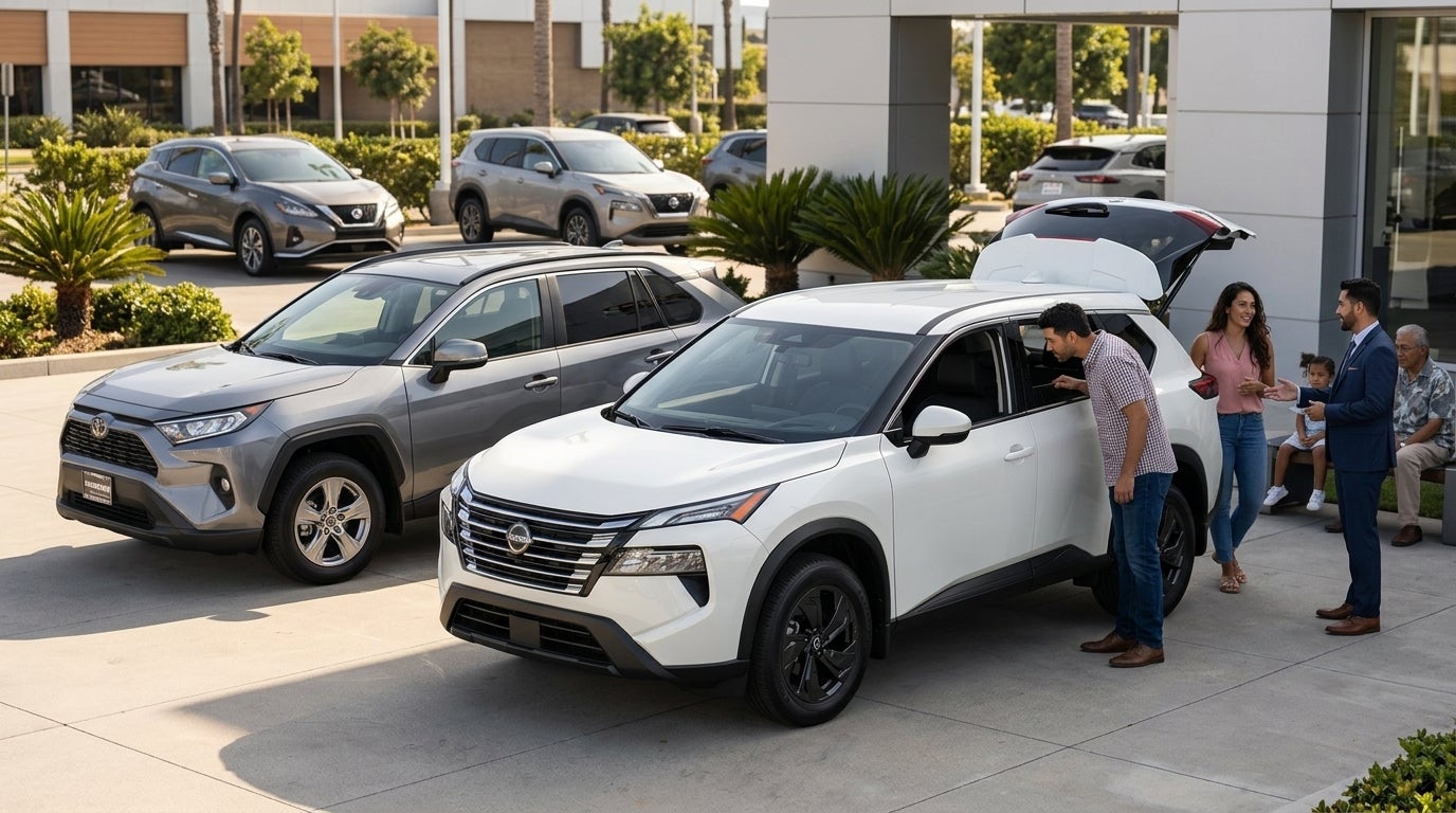 A family looks at a white SUV while talking to a salesperson on a modern car dealership lot. (Representative image for illustration purposes only. Actual vehicle may vary based on trim and configuration.)