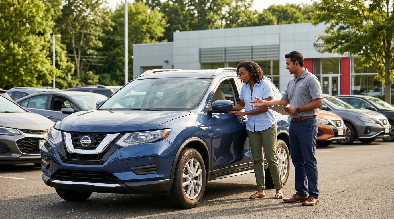 A car salesman gestures toward a blue Nissan SUV while talking to a female customer on a dealership lot. (Representative image for illustration purposes only. Actual vehicle may vary based on trim and configuration.)