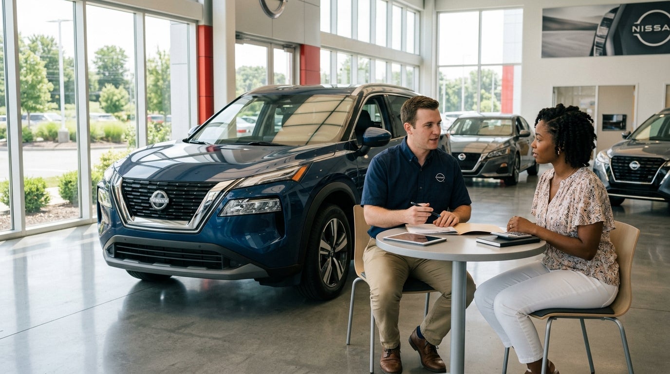 A car salesman talks with a female customer at a small table inside a Nissan dealership beside a blue SUV. (Representative image for illustration purposes only. Actual vehicle may vary based on trim and configuration.)