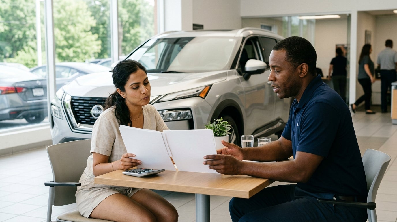 A customer reviews financing paperwork with a dealership representative sitting in front of a new silver SUV.