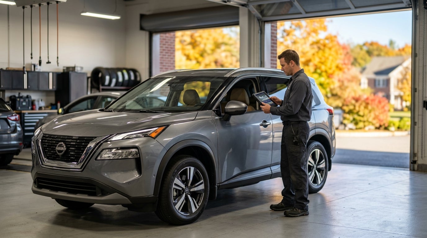 Mechanic using a diagnostic tablet while inspecting a silver Nissan SUV inside a garage bay. (Representative image for illustration purposes only. Actual vehicle may vary based on trim and configuration.)