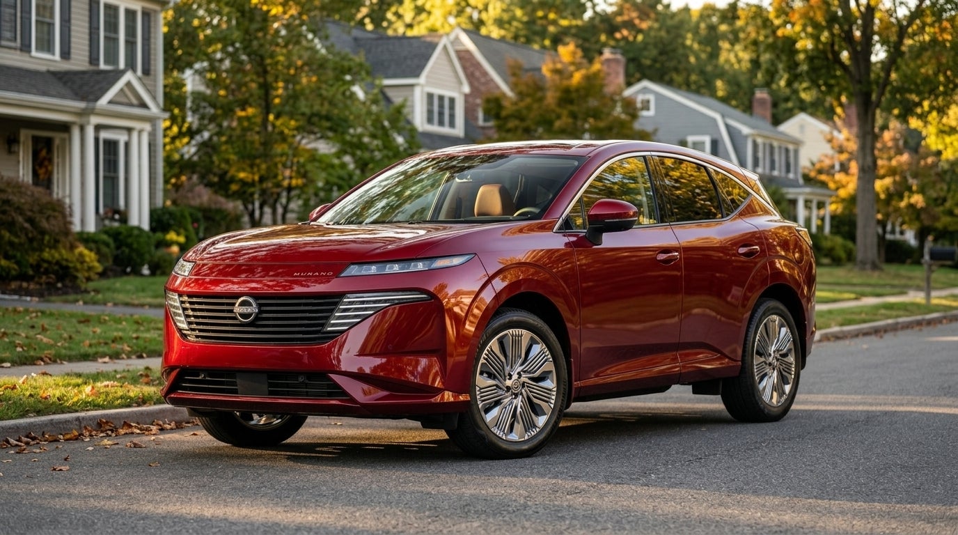 Red Nissan Murano SUV parked on a quiet suburban street during autumn with suburban homes in the background. (Representative image for illustration purposes only. Actual vehicle may vary based on trim and configuration.)