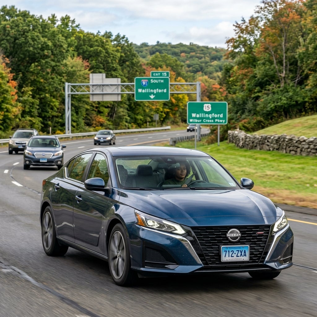 A dark blue Nissan Altima sedan drives along a highway with traffic and autumn trees in the background. (Representative image for illustration purposes only. Actual vehicle may vary based on trim and configuration.)