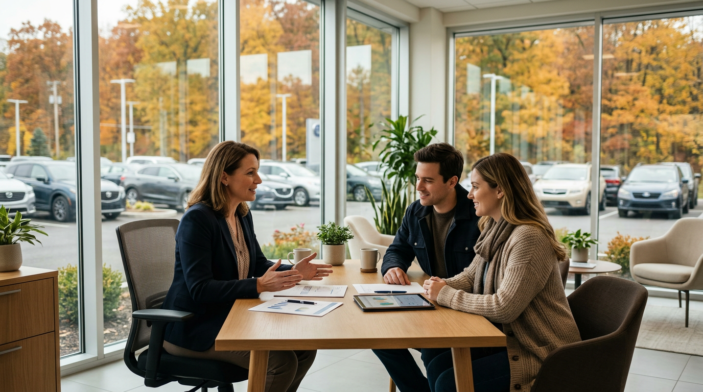 A car salesperson talks with a young couple sitting at a wooden table inside a brightly lit auto dealership. (Representative image for illustration purposes only. Actual vehicle may vary based on trim and configuration.)