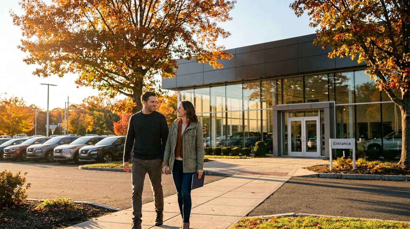 A candid lifestyle photograph shot at eye level on a clear sunny fall day in central Connecticut, featuring a relaxed couple walking toward a modern Nissan automotive showroom exterior, exclude the logo and branding on the building. The couple is dressed in casual autumn attire like knit sweaters and lightweight jackets, holding a small document folder, smiling as they approach the entrance. Golden hour sunlight filters through nearby deciduous trees with bright orange and yellow leaves, casting warm light across the paved walkway. The surrounding environment includes a realistic suburban dealership parking area with modern unbranded vehicles parked neatly in the background under a vivid blue sky, capturing an inviting and organized car-shopping experience. (Representative image for illustration purposes only. Actual vehicle may vary based on trim and configuration.)